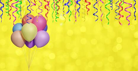 Aufkleber - Bunch of colorful balloons on blurred yellow background with different colored confetti and streamers for party time. Empty space for text. 3d rendering