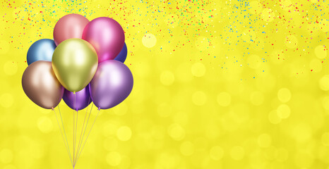 Aufkleber - Bunch of shiny colorful balloons on blurred yellow background with confetti. Empty space for text. 3d rendering