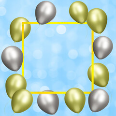 Aufkleber - Yellow frame with gold and silver balloons on blurred blue background. Empty space for text. 3d rendering