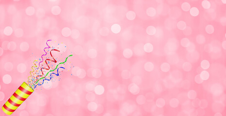 Aufkleber - Party popper with flying confetti. Yellow and red firecracker explodes with serpentine. Birthday and anniversary banner with blured festive background