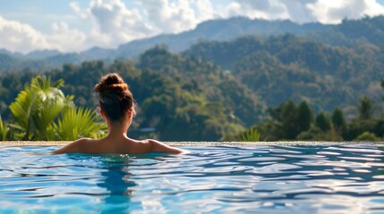 Poster - a young pretty woman swims in her pool in a luxury villa with a view of a mountain range with green forests 