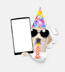 Poster - Golden retriever puppy wearing sunglasses, party cap blows in party horn and shows big smartphone with white blank screen in it paw through torn white paper hole. Empty free space for mock up, banner