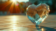 Ein Herz aus Glas oder Kristall steht auf dem Bode und wird von der Sonne angestrahlt wie auch eine Liebe erstrahlen soll