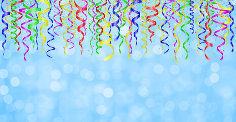 Aufkleber - Falling confetti and curly colorful shiny streamer on blue blurred background. Empty space for text
