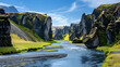 Beautiful Fjadrargljufur canyon with river and big rocks