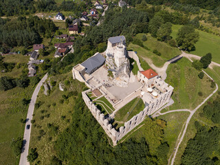 Ruins of medieval royal Rabsztyn Castle in Poland. Rabsztyn Aerial view in summer. Rabsztyn, Poland. Ruins of medieval royal castle on the rock in Polish Jurassic Highland. 