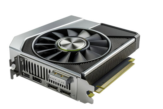 A high-end graphics card, striking silver and black design, isometrically and minimally rendered