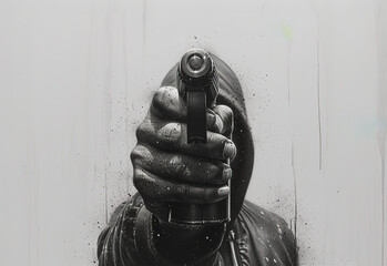 Man in hoodie with gun, bandit holding gun pointed at the viewer. Grunge style illustration. Generative AI