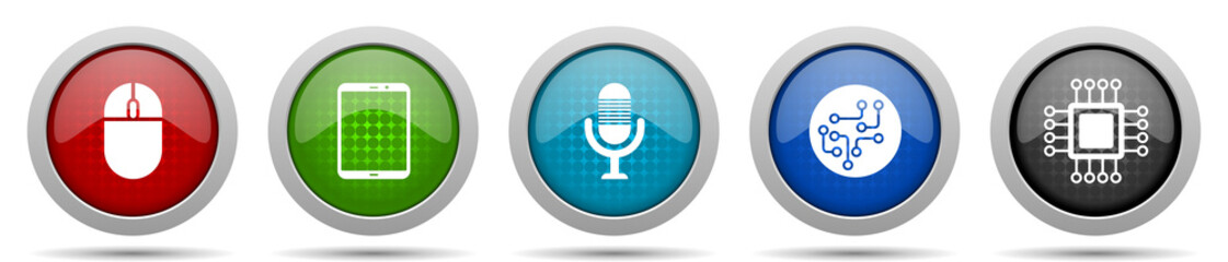 Poster - Technology icons, miscellaneous buttons such as computer mouse, tablet, microphone, chip and cpu, circle glossy web icon collection