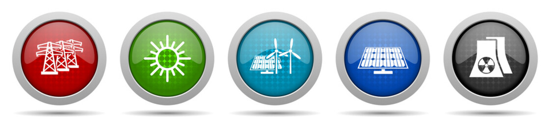 Fototapete - Renewable energy icons, miscellaneous buttons such as power line, sun, solar panel and nuclear power plant, circle glossy web icon collection