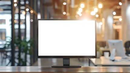 Blank white LCD screen, mouse and keyboard on top table, on office blurred background, for mock-up.