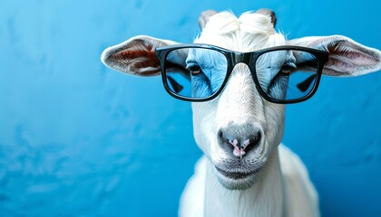 Wall Mural - Goat with funny expression in trendy sunglasses, on pastel background with text space.