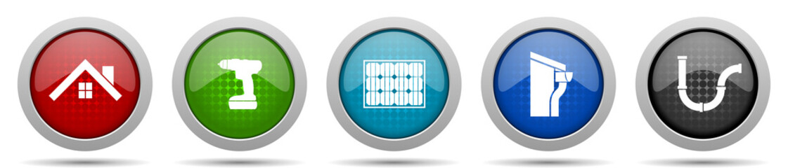 Aufkleber - Home service icons, miscellaneous buttons such as house, drill, solar energy, roof and gutter and pipe, circle glossy web icon collection