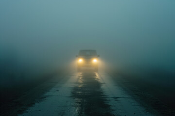 Poster - Car is driving through the fog. Poor visibility. Created with Generative AI technology.