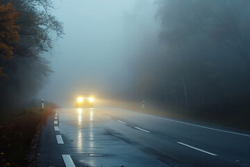 Poster - Car is driving through the fog. Poor visibility. Created with Generative AI technology.