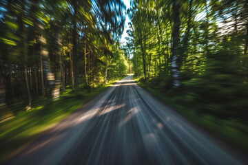 Poster - Driving with high speed on the road through Swedish forest. Morion blur. POV. Created with Generative AI technology.