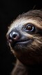 a sloth close-up portrait looking direct in camera with low-light, black backdrop