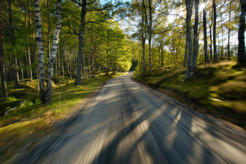 Poster - Driving with high speed on the road through Swedish landscape. Morion blur. POV. Created with Generative AI technology.