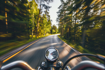 Poster - Driving on a motorbike with high speed on the road through Swedish landscape. Morion blur. POV. Created with Generative AI technology.