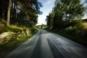 Poster - Driving with high speed on the road through Swedish landscape. Morion blur. POV. Created with Generative AI technology.