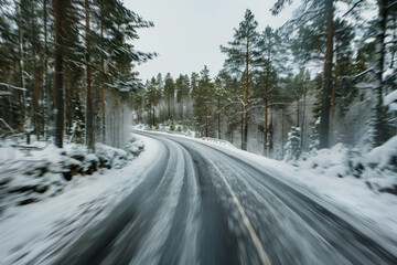 Poster - Driving with high speed on the road through Swedish landscape in winter. Morion blur. POV. Created with Generative AI technology.