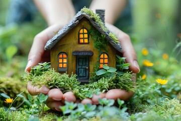 Wall Mural - Hands are held by a miniature eco-friendly house, symbolizing care for nature in the home.