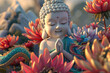 cartoon buddha with colorful flowers and a cartoon dragon