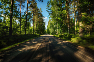 Poster - Driving with high speed on the road through Swedish forest. Morion blur. POV. Created with Generative AI technology.