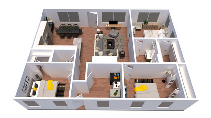 3D Floor Plan for 2 Bedroom ,bathroom, Living Room, Office, Kitchen Interior Design. 