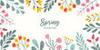 Spring rectangular festive banner on white background with place for text in flat vector style. Hand drawn blossom flowers, branches, berries. Holiday seasonal floral decoration.