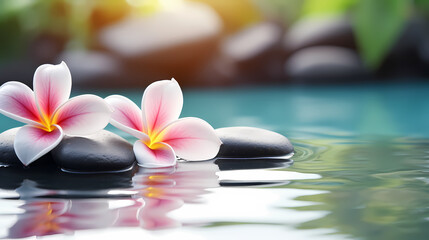 Spa still life with flowers and zen stones in tranquil pool