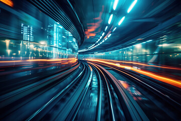 Poster - Moving with high speed in a tunnel. Engineering industry. Motion blur. Created with Generative AI technology.