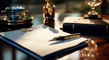 Luxurious fountain pen and contract document, deal-making essentials