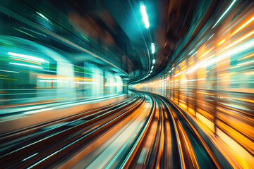 Poster - Fast moving train in tunnel. Engineering industry. Motion blur. Created with Generative AI technology.