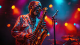 Fototapeta  - A male African American jazz performer plays the saxophone on stage.