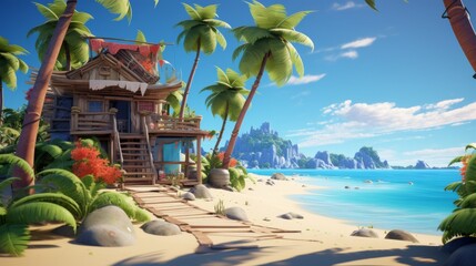 Wall Mural - Imaginative 3D cartoon beach setting with a quirky seaside shack and palm trees