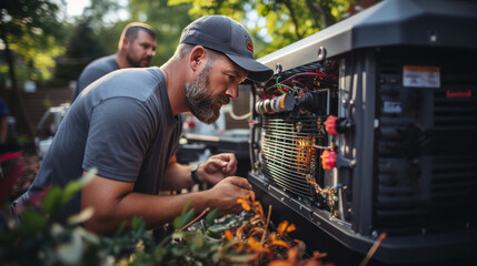 A technician working on air conditioning outdoor unit. HVAC Technician