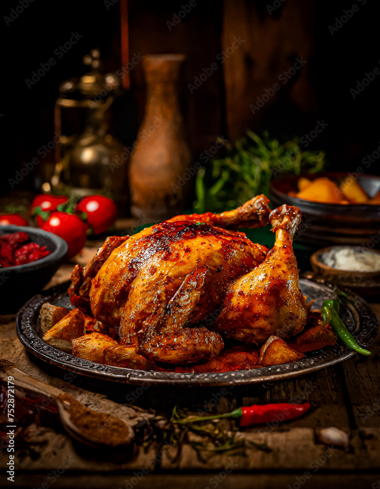 FRANGO ASSADO: UM CLOSE UP DE UM FRANGO IINTEIRO ASSADO EM UM PRATO VINTANGE EM UM ESTILO DARK FOOD
