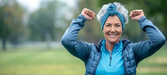 Wall Mural - Energetic senior woman showing off her strong biceps with space for text on a blurred background.