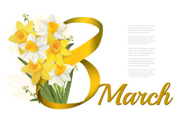 Aufkleber - 8th March illustration. Holiday  background with yellow and white flowers narcisses and gold ribbon. Vector.