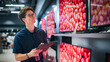 © Gorodenkoff - Young Sales Manager in Home Electronics Store Expertly Manages Operations Using Tablet. Professional Oversees TV Sets Inventory and Product Updates with Technological Efficiency.