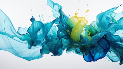 Vivid blue and green water splashes intersecting, an artistic aquatic dance