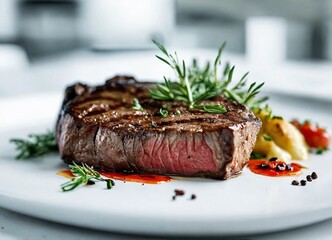 Canvas Print - Delicious juicy slice of meat, beef, pork on white plate,  blurred background, close up, macro