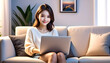 © anmitsu - Beautiful young Asian female freelancer is sitting on a comfortable sofa and browsing the internet on a laptop to successfully conduct business. Luxurious interior. Work from home concept.