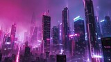 Fototapeta Miasto - Neon city. Anti design, matrix, futurism, night, cyberpunk, street, technology, color, skyscraper, urban view, augmentation, style, metropolis. Generated by AI