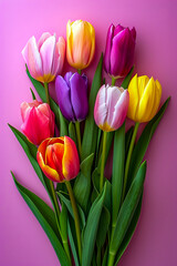 Wall Mural - Bouquet of colorful tulips on pink background.