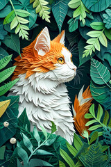 Poster - Cat made out of paper with orange and white face and orange fur on its head and ears.