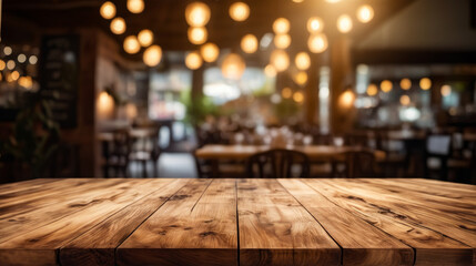 Canvas Print - Wooden table is surrounded by chairs in restaurant setting with lights above.