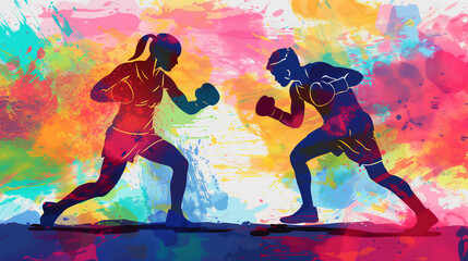 Wall Mural - Abstract illustration of female boxers wearing boxing gloves exercising their punching technique for a championship match in a canvas ring, stock illustration image