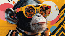 Stylish Chimpanzee Dj With Headphones: Colorful Illustration Of A Cool Monkey Wearing Glasses And Headphones On An Abstract Background